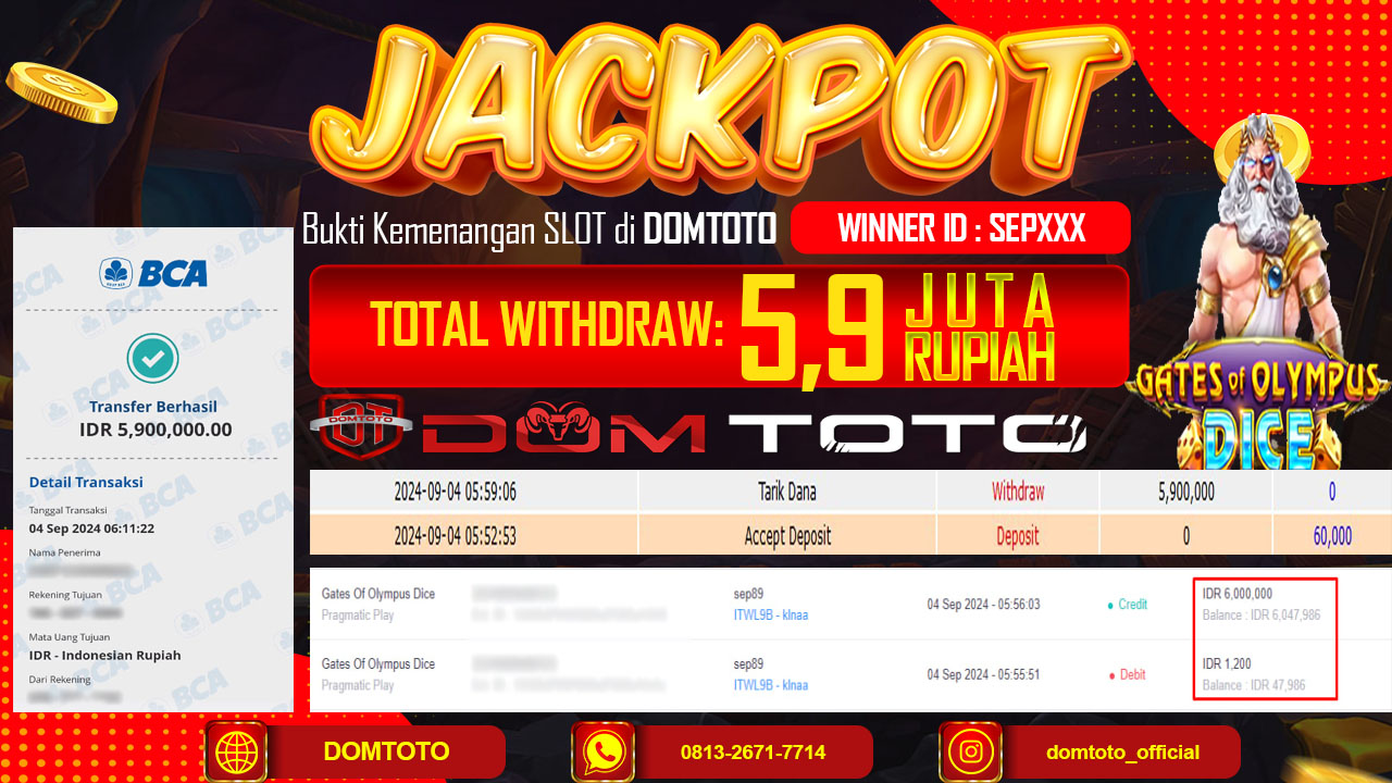 JACKPOT MENANG SLOT GATE OF OLYMPUS DICE 04 SEPTEMBER 2024